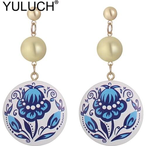 YULUCH Big Fashion Jewelry Vintage Black Red Blue Round Natural Wood Printed Printing Flower Women PomPom Pom Long Stud Earrings