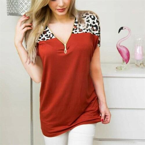 Womens Short Sleeve T-Shirt, Zipper V Neck Camouflage/Leopard Printed Patchwork Tee Shirt, Casual Street Style Tops