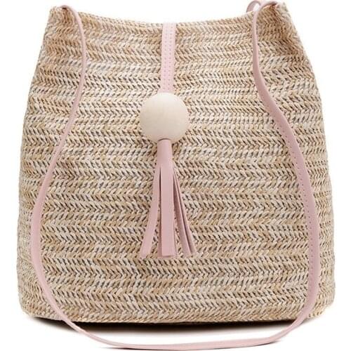 Womens Summer Straw Bucket Bag Holiday Beach Bag Shoulder Bag Casual Rattan Bag Woven Bags
