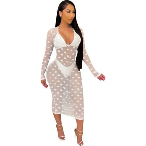 Xingqing Women Swimsuit Set Sexy Polka Dot Print Deep V-neck Bikini+Panties+See-through Mesh Cover Ups Beach Wear Biquinis