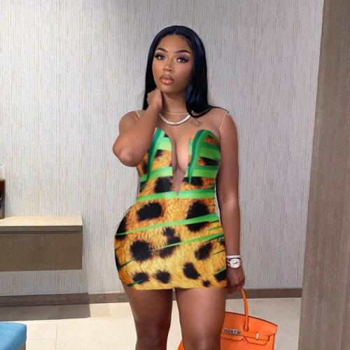 Tiger Print O-Neck Sexy Bodycon Dress Women Mesh Patchwork Summer Dresses Female Sleeveless Party Vestidos