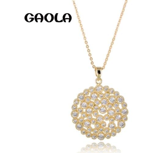 Hot Sale Luxury Jewelry Romantic Gold Color Big Round Cubic Zirconia Pendant Necklace Women Wedding / Birthday Gift GLD0628