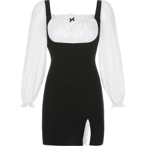 2021 Mini Dress Women Long Puff Sleeve Autumn Square Collar High Waist Split Lace Ruched Split Ladies Elegant Sheath Club dress