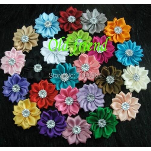 1.5'' satin ribbon multilayer flower with Rhinestone center, DIY flower for kids headband&hair clips, 180 pcs/lot free shipping