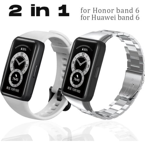 2 Pack) Laforuta Honor Band 6 Strap Silicone Watchband For Huawei Honor Band 6 Women Men Metal Stainless Steel Wrist Strap