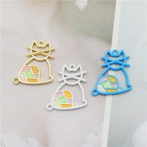 Julie Wang 6PCS Enamel Hollow Cat Charms Spray-painted Animal Connector Pendant Bracelet Earrings Jewelry Making Accessory