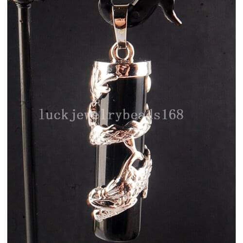 Free Shipping Women Fashion Jewelry 12x41mm Beautiful Black Carnelian Dragon Cylinder Pendant Bead C3859