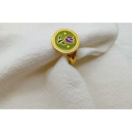 European and American French retro temperament ring female enamel tulip dark green palace brass opening adjustable ring