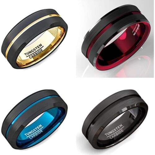 FDLK New 4 Colors 8mm Black Brushed Black Edge Stainless Steel Ring Groove Stripe Mens Wedding Ring Jewelry Wholesale