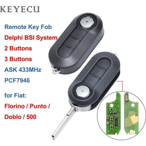 Keyecu Remote Car Key Fob 2 3 Buttons ASK 433Mhz with PCF7946 Chip for Fiat 500 Doblo Punto Florino 2007-2017 Delphi BSI System