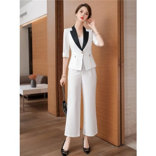 2021 New Autumn Chic Blazer Coat High Waist Wide Leg Pants Pink White Single Button Womens Jacket Trousers Two Pieces suit sets