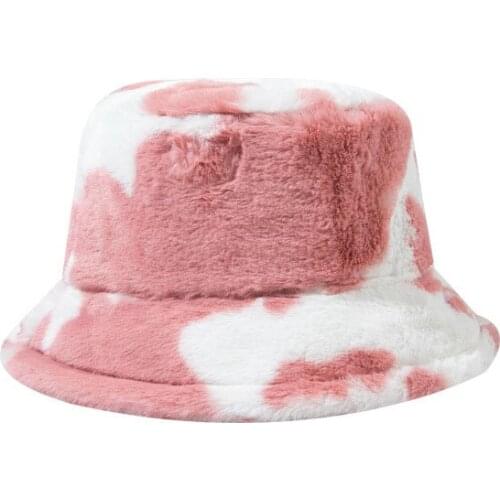 Fashion Winter Cow Print Plush Bucket Hat Soft Faux Fur Warm Womens Hat Female Ladies Outdoor Panama Cap Fisherman Caps
