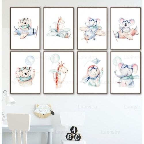 Cartoon Canvas Painting Animal Pilot Posters and Prints Childrens Room Decoration Mouse Elephant Wall Picture for Living Room
