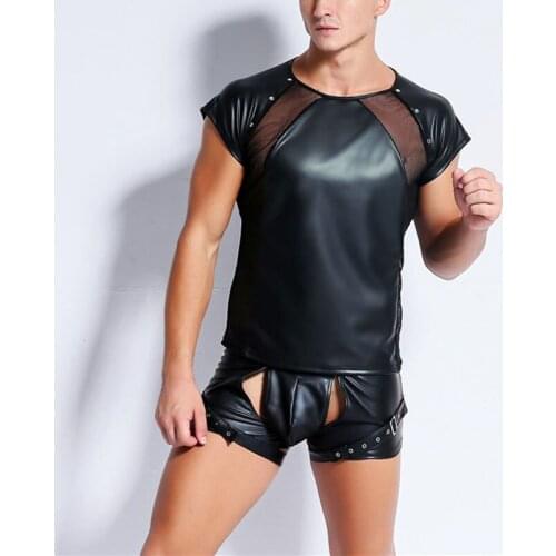 Men Wetlook Leather Undershirts T Shirt Tshirts Rivet Male See Through Mesh Patchwork Tees Tight Shirts Funny Gay Tops Clubwear