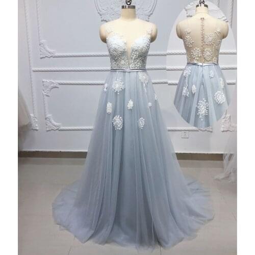 New A Line Light Blue Dandelion applique Evening Gown for Women Evening dress robe de soiree