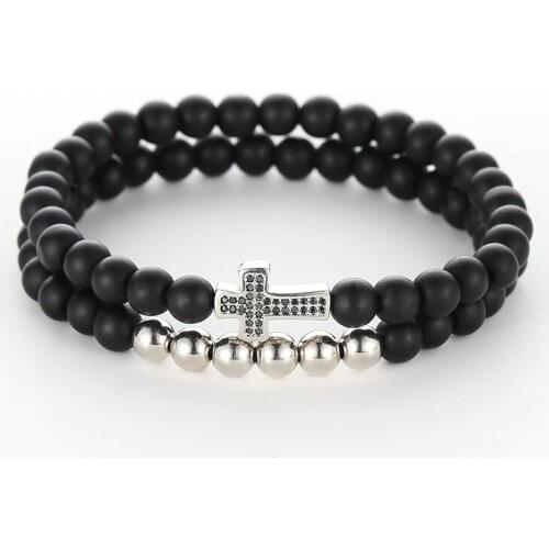 2019 New 6mm Black Abrasive Fashion Bead Bracelet 2/Set Charm Gold Copper Cross Micro Inset Zircon Accessories Jewelry for Men