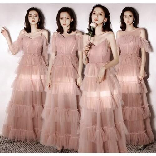 Bridesmaids Dress Illusion A-Line V-Neck Floor-Length Lace Tulle Spaghetti Straps Pleat Sleeveless Women Wedding Party Gown E302