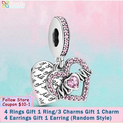 Smuxin 925 Sterling Silver Charm Heart & Mum Dangle Charm fit Original Pandora Bracelets Women Jewelry Making Girl DIY Jewelry