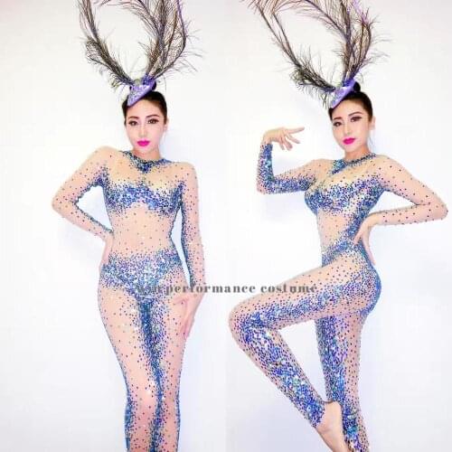 Transparent Womens Birthday Celebrate Mesh Outfit Bar Women Dancer pantihose Sparkly Silver Rhinestones rave party