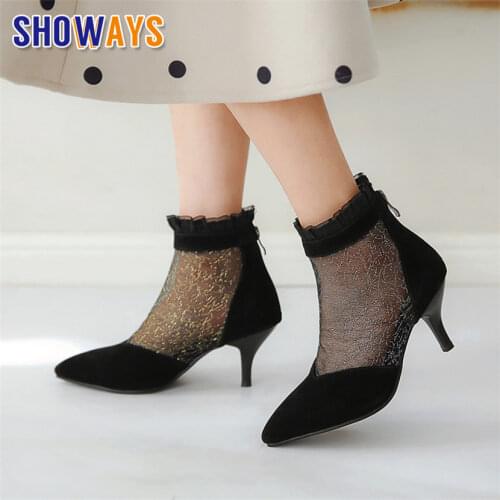 Plus Size Summer Women Mesh Ankle Boots High Thin Heels Black Flock Sexy Mature Office Party Lady Pointed Toe Zipper Short Boots
