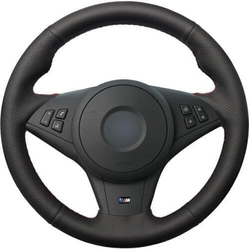 Hand-stitched Black Genuine Leather Car Steering Wheel Cover for BMW M5 E60 E61 (Touring) 2005-2010 M6 E63 E64 2005-2010