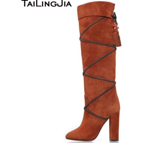 Brown Chunky Heel Knee High Boots for Women Black Round toe Slip on High Heel Tassel Fold Boots Ladies Winter Shoes Large Size