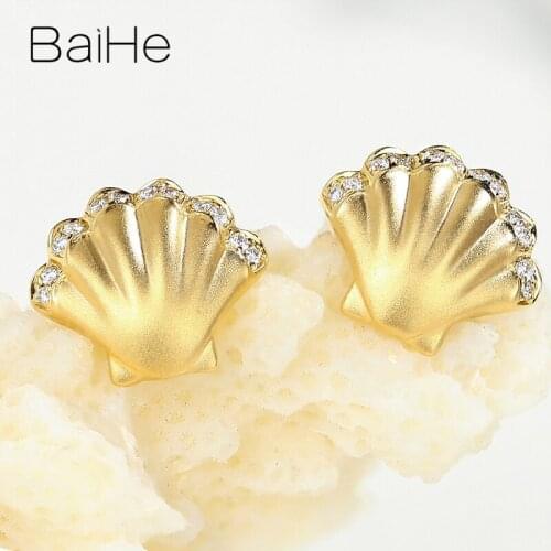 BAIHE Solid 14K Yellow/Rose/White Gold 0.10ct Natural Diamonds Cерьги Wedding Fine Jewelry Shell Stud Earrings Women Cережки