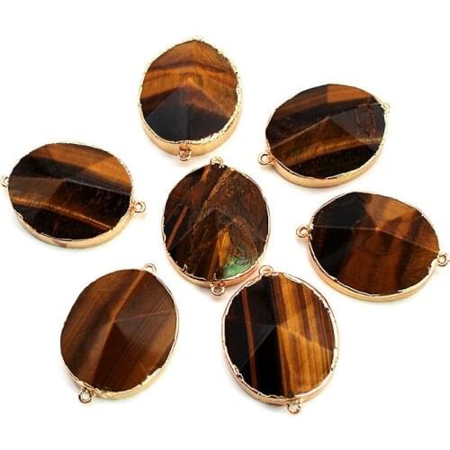Tiger Eye Natural Stone Gold Double Rings Pendant for Necklace Charm Bracelets Connector Jewellery Finding 1pcs