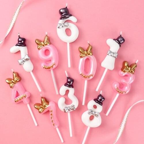 Birthday Cake Candle Topper Hat Bowknot Shape Pink White Number Cake Topper For Birthday Party Decorations