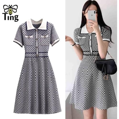 Tingfly Vintage Elegant Plaid Lapel Collar A Line Dress Knit Casual Button Slim Waist Fashion Street Chic Knitwear Elbise Zaful
