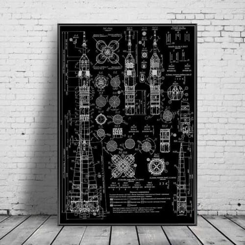 Vintage Rocket Structure Chart Wall Art Poster and Prints Black White Canvas Painting Modern Living Room Decor Unique Pilot Gift