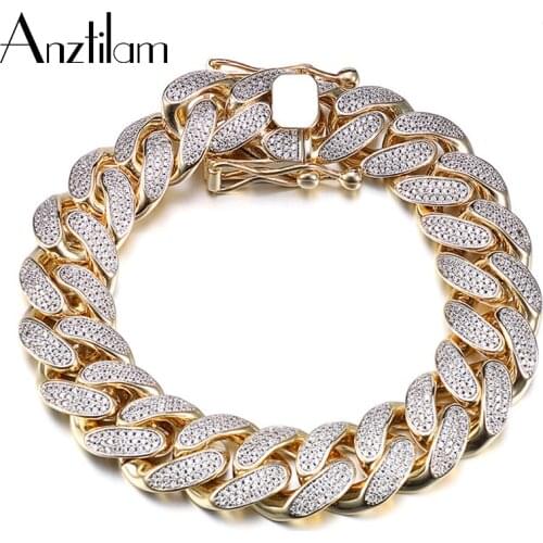 HIP HOP Cuban Bracelet For Men 8.5 Inch Bling White Clear Zircons Iced Out Jewelry Men’s Bracelet Gold/Silver Color Chain