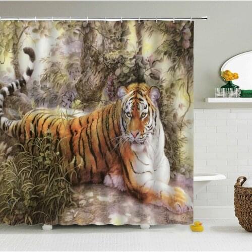 Chinese Tiger Shower Curtain Waterproof Bathroom Curtain High Quality Polyester Fabric Home Decor with 12 Hook