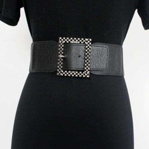 Womens Runway Fashion Metal Buckle Elastic Cummerbunds Female Dress Corsets Waistband Belts Decoration Wide Belt R346