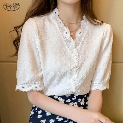 Vintage Puff Sleeve White V-Collar Chiffon Blouse Lace with Button Ladys Top Short Sleeve Slim Cardigan Shirts Blusa 10051