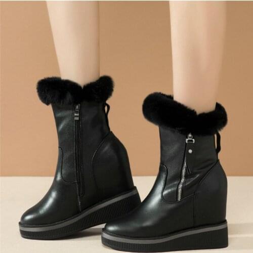 Lace Up Winter Creepers Women Genuine Leather Wedges High Heel Ankle Boots Female Warm Rabbit Fur Fashion Sneakers Casual Shoes