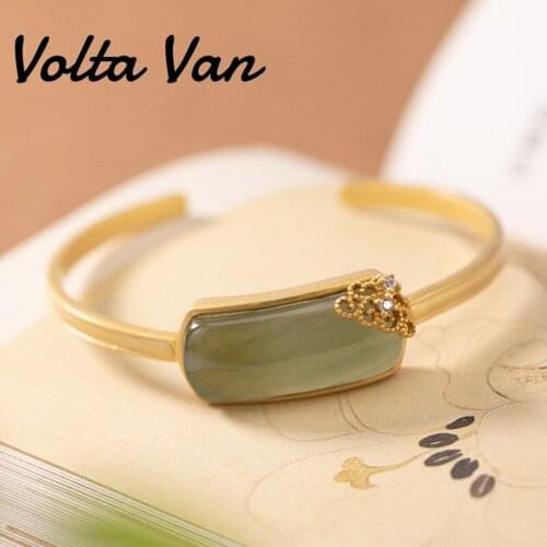 Volta Van Fine Jewelry Bangle 925 Sterling Silver 2021 New Elegant Natural Jade All-Match Concise Vintage Women Opening Bracelet