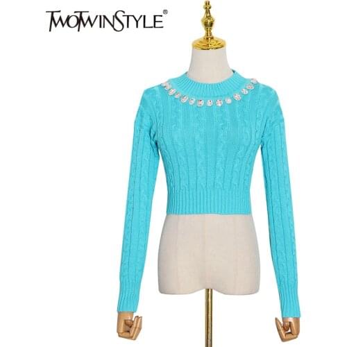 TWOTWINSTYLE Black Patchwork Diamond Sweater For Female O Neck Long Sleeve Tunic Womens Knitted Tops 2020 Autumn Fashion Style