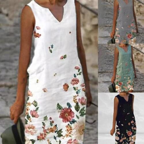Hot Sale!!Summer Women Dress V Neck Floral Print Sleeveless Loose Knee-length Dress for Work