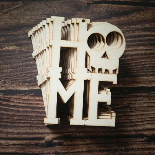 10pcs Wooden Home Word With Skull Shape Halloween Decor Embellishment Wood Halloween DIY Tags Craft