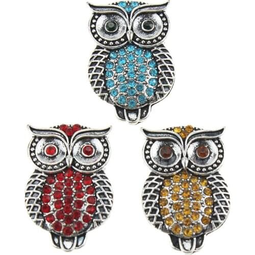 10pcs/lot New Snap Button Jewelry Rhinestone Owl 18mm Metal Snap Buttons Fit Silver Snap Bracelet for Women