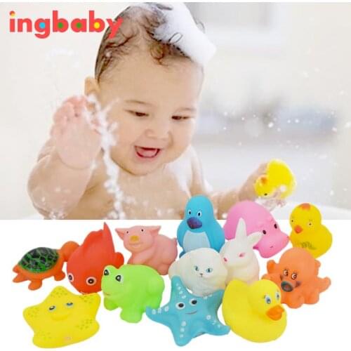 13pcs/set Bath Toys Baby Bath Water Toy Children Pinch Call Soft Plastic Animal Small Yellow Duck With Net Bag Packaging ingbaby