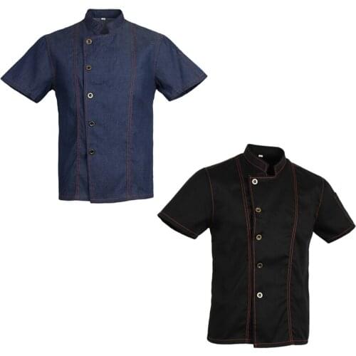 2pcs Unisex Denim Chef Jacket Coat Short Sleeves Shirts Food Service Kitchen Uniforms M