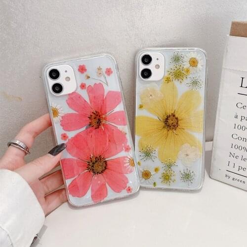 DIY Yellow Pink Real Dry Flower Phone Case for iPhone 12 Pro Max 11 7 8 Plus X XS XR 12 Mini Case Luxury Soft Clear Back Cover
