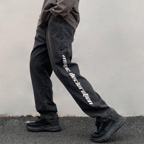 Original Elastic Waist Oversize Letters Straight Jeans Pants for Men and Women Washed Retro Baggy Streetwear Denim Trousers