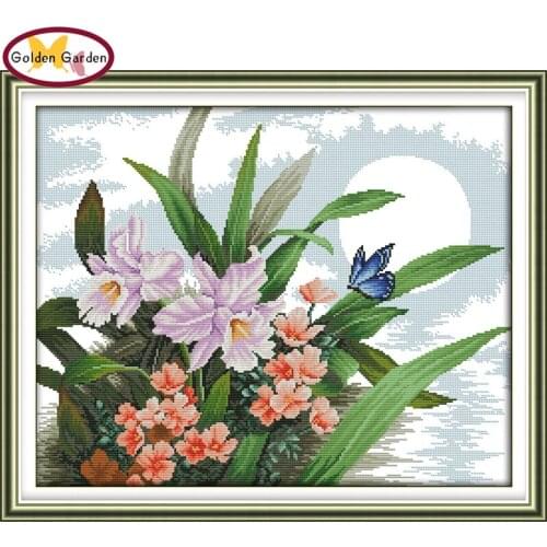 GG The Moonlight Orchid Chinese Cross Stitch Printed Needle Craft Counted Stamped Canvas Rose Cross Stitch for Home Decoration