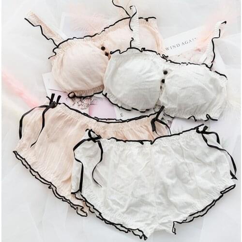 Kawaii Lingerie Womens Tube Top White Pink Bandeau Femme Wire Free Bra and Panties Ruffles Set Underwear Sleepwear Night Wear