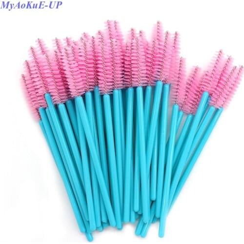 New Arrived 200pcs Blue Handle Pink Brushes Top Quality Nylon Disposable Mascara Wands Lashes Makeup Brushes Eyelash Extension