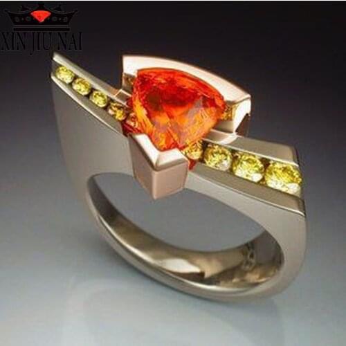 Silver 925 Ring Womens High Quality Triangle Red Zircon 14K Gold Plated Crystal Geometric Engagement Promise Ring Jewelry Gift