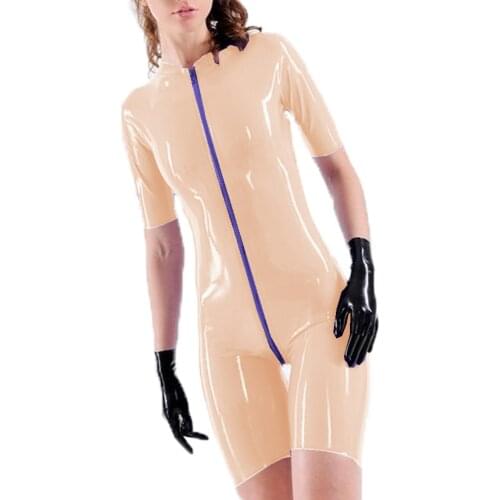 Women Short Sleeve Solid Color Romper Clothing Bodysuit Faux Leather Stretch Bodycon Open Crotch Zipper Wet Look PVC Jumpsuit